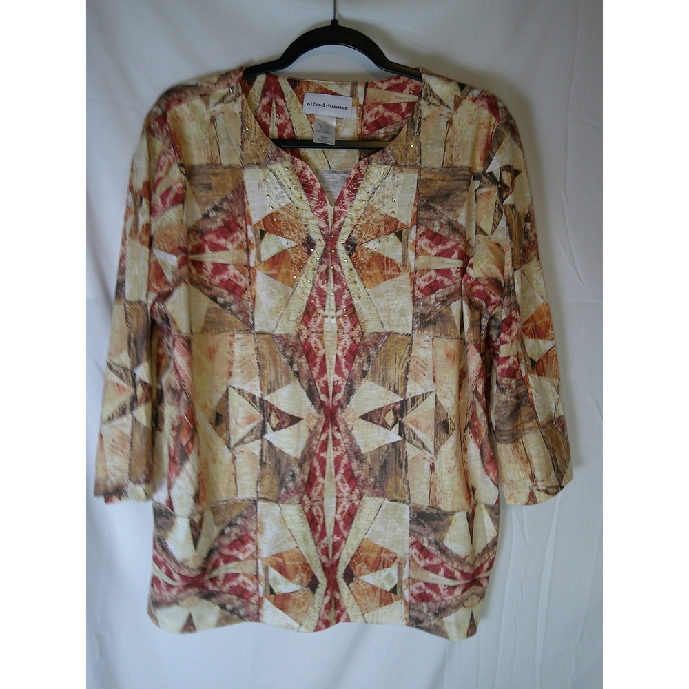 Alfred Dunner Womens Large Geometric Abstract Print 3/4 Sleeve Knit Top Tan Red